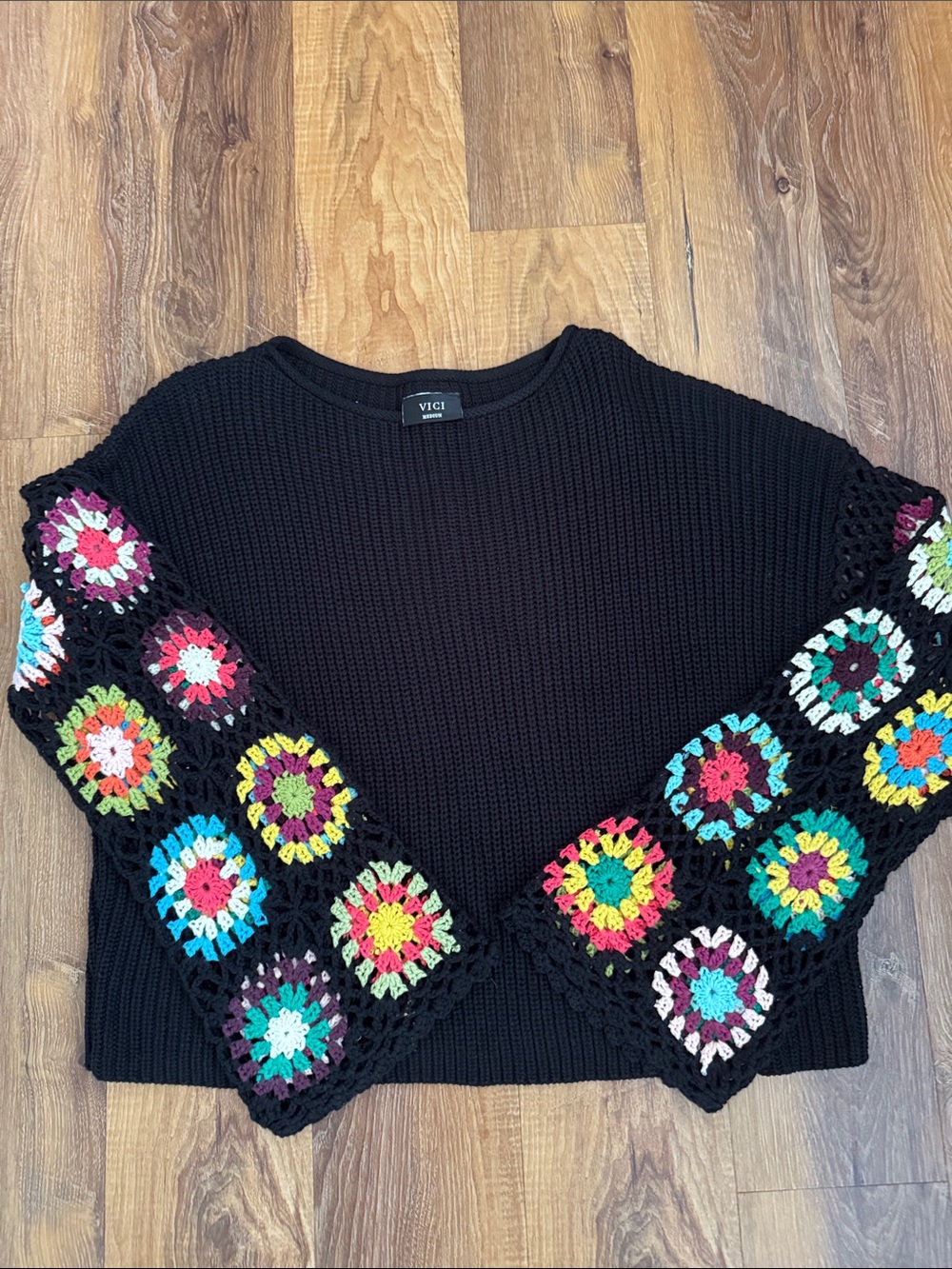 Vici Black Crewneck Sweater with Multicolor Crochet Sleeve granny Squares